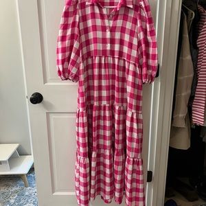 Hot pink and white gingham check midi dress
